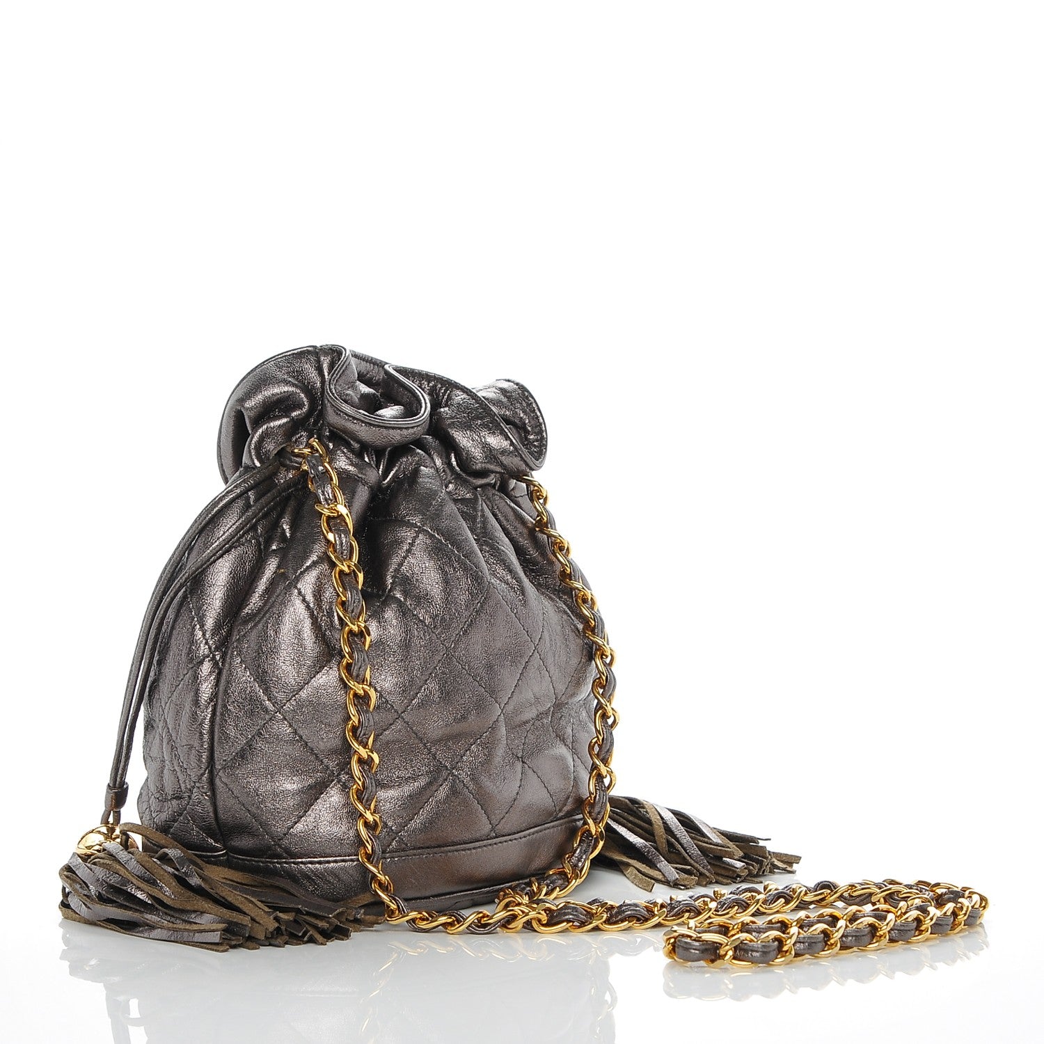 Chanel Metallic Lambskin Drawstring Pouch Bag Dark Silver 3 of 8