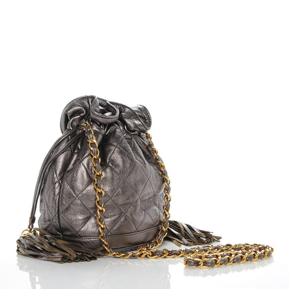 Chanel Metallic Lambskin Drawstring Pouch Bag Dark Silver 3 of 8