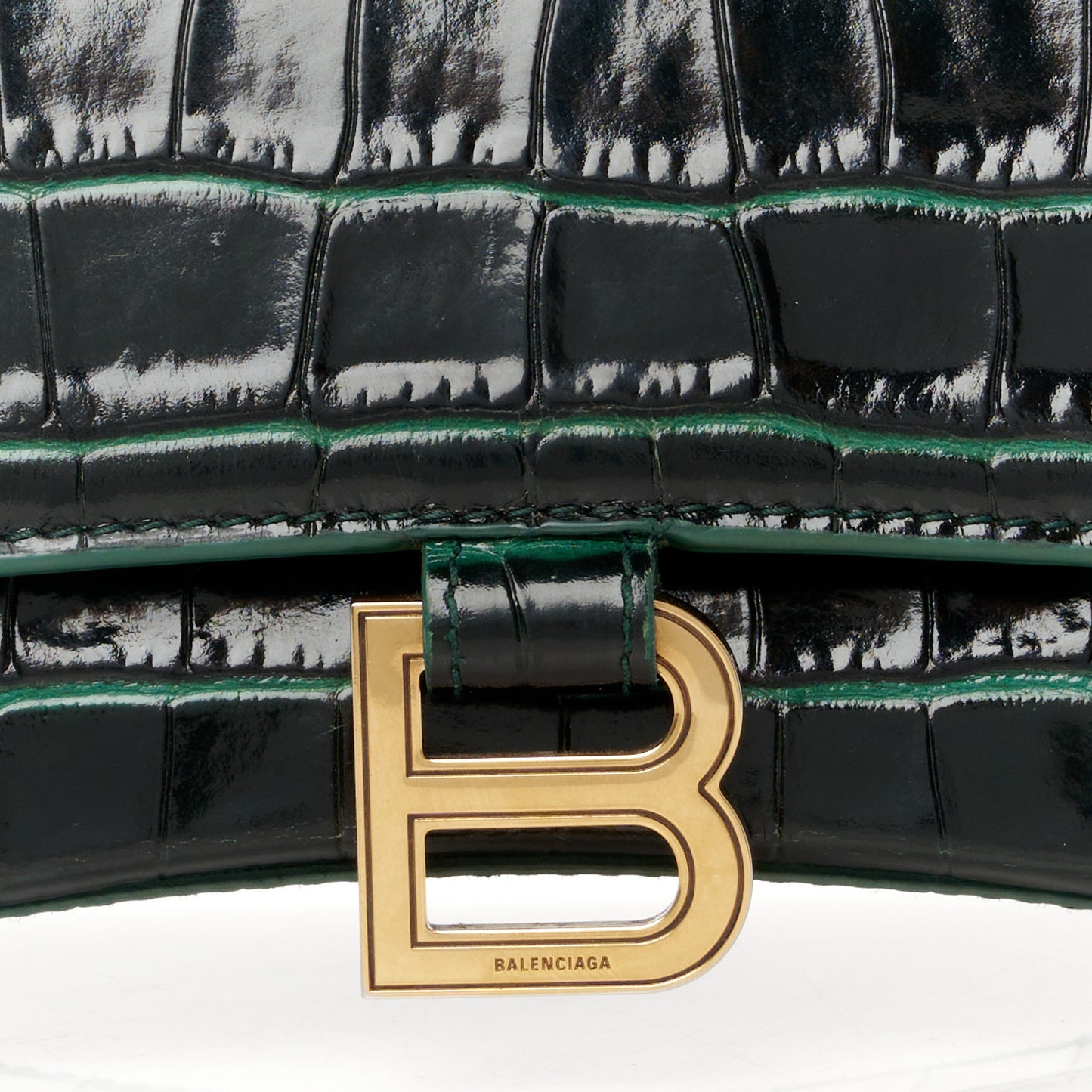 Shiny Calfskin Crocodile Embossed Small Hourglass Top Handle Bag Forest Green