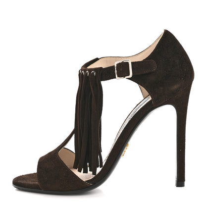 Prada Suede Fringe Peep Toe Sandal 36 Moro 1 of 9
