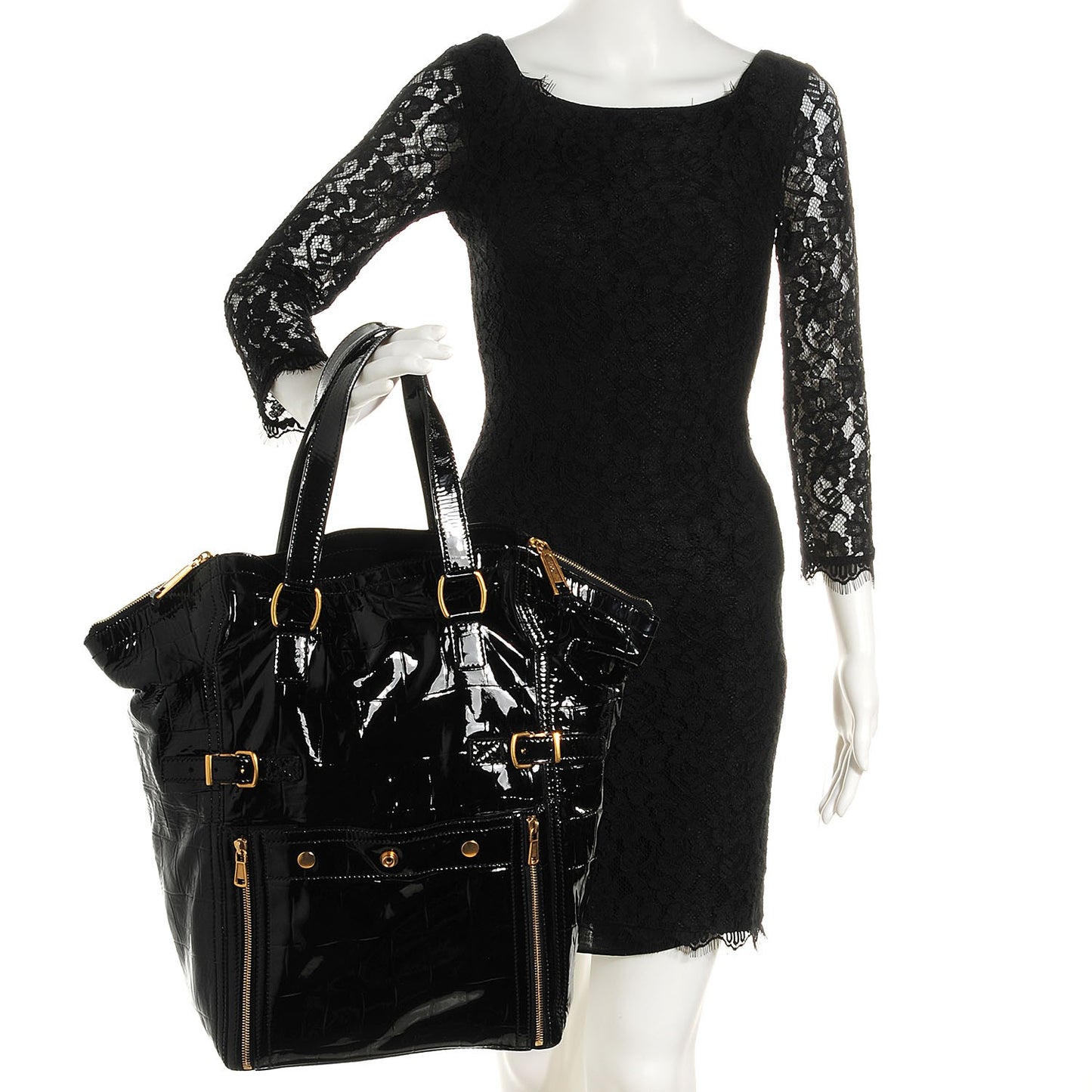 Patent Crocodile Embossed Large Downtown Tote Black