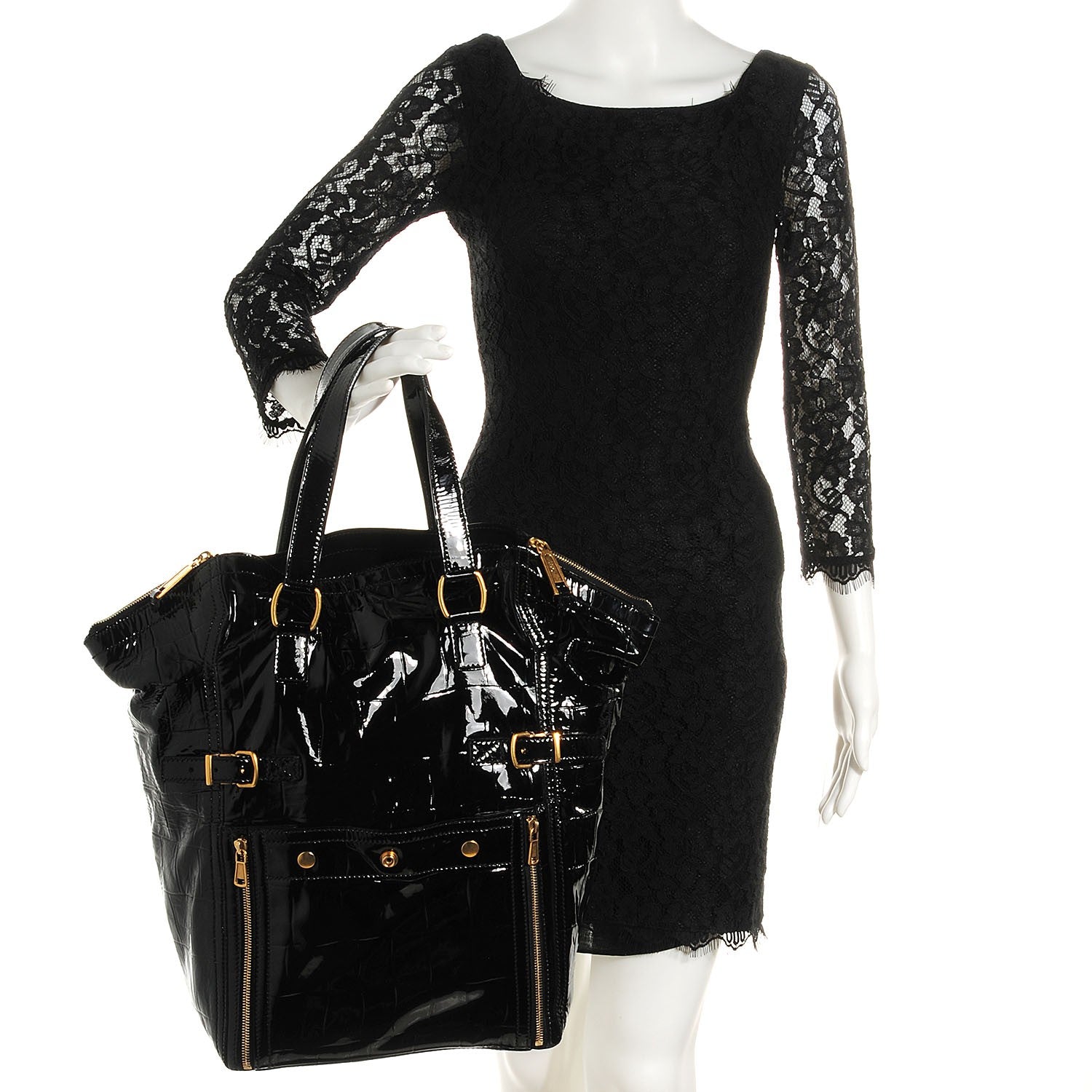 Saint Laurent Patent Crocodile Embossed Large Downtown Tote Black 2 of 7