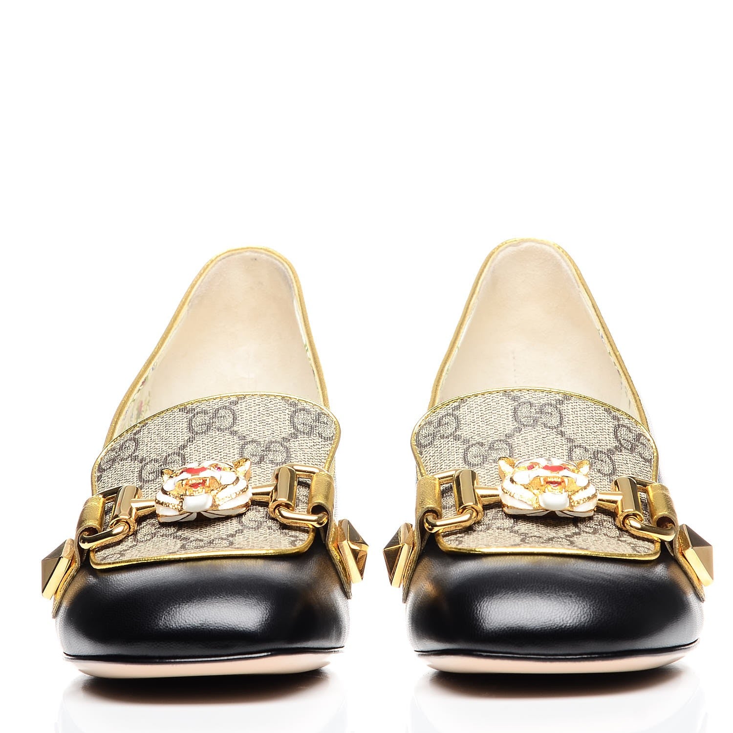 Gucci Malaga Kid Nappa GG Supreme Monogram Tiger Head Mid Heel Loafer Pumps 37 Black Oro Vecchio Beige 2 of 10