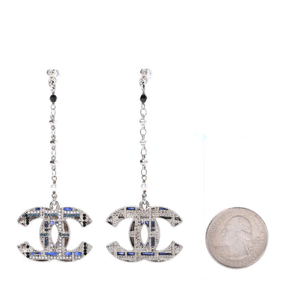 Chanel Pearl Crystal CC Tweed Drop Earrings Silver Blue Black 2 of 4