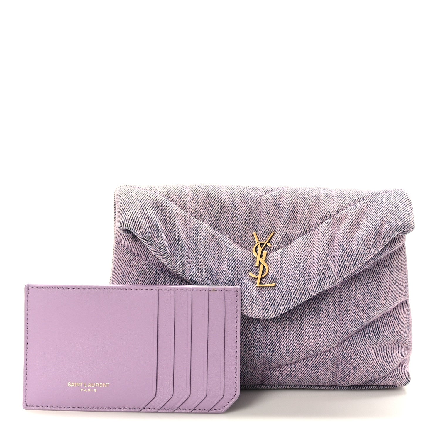 Saint Laurent Denim Quilted Loulou Puffer Monogram Pouch Clutch Bleached Lilac 1 of 10