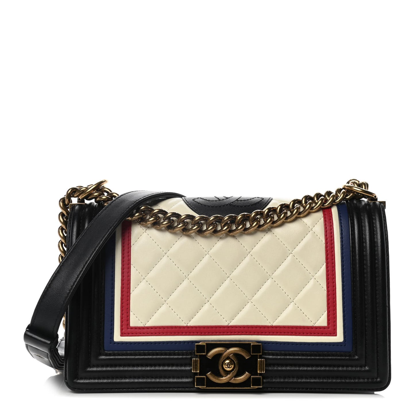 Calfskin Quilted Crest Embellished Medium Boy Flap Black White Blue