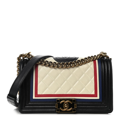 Chanel Calfskin Quilted Crest Embellished Medium Boy Flap Black White Blue 1 of 11