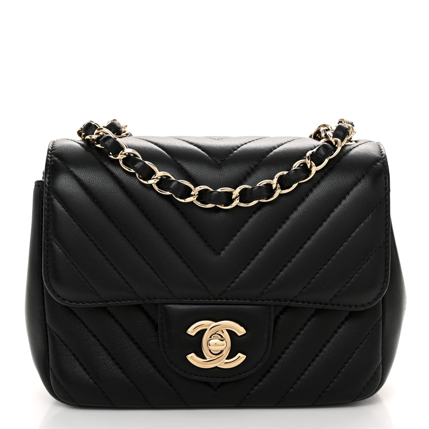 Lambskin Chevron Quilted Mini Square Flap Black