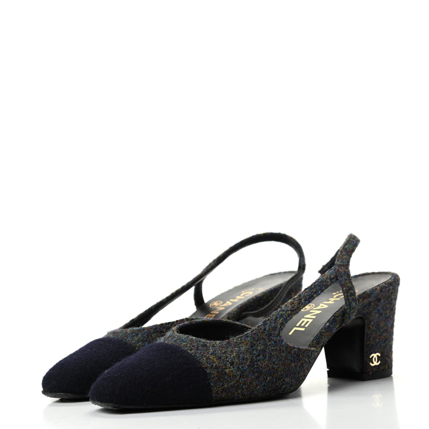 Chanel Tweed Cap Toe CC Slingback Pumps 36 Black Dark Grey 3 of 11