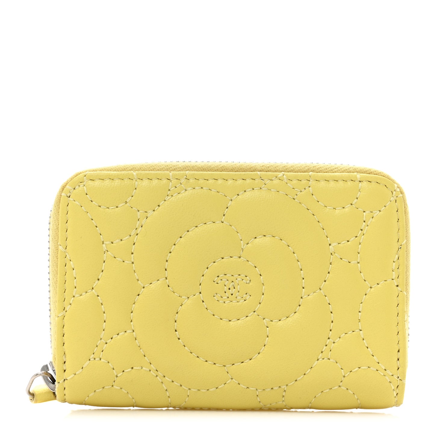 Lambskin Camellia Embossed Zip Coin Purse Yellow