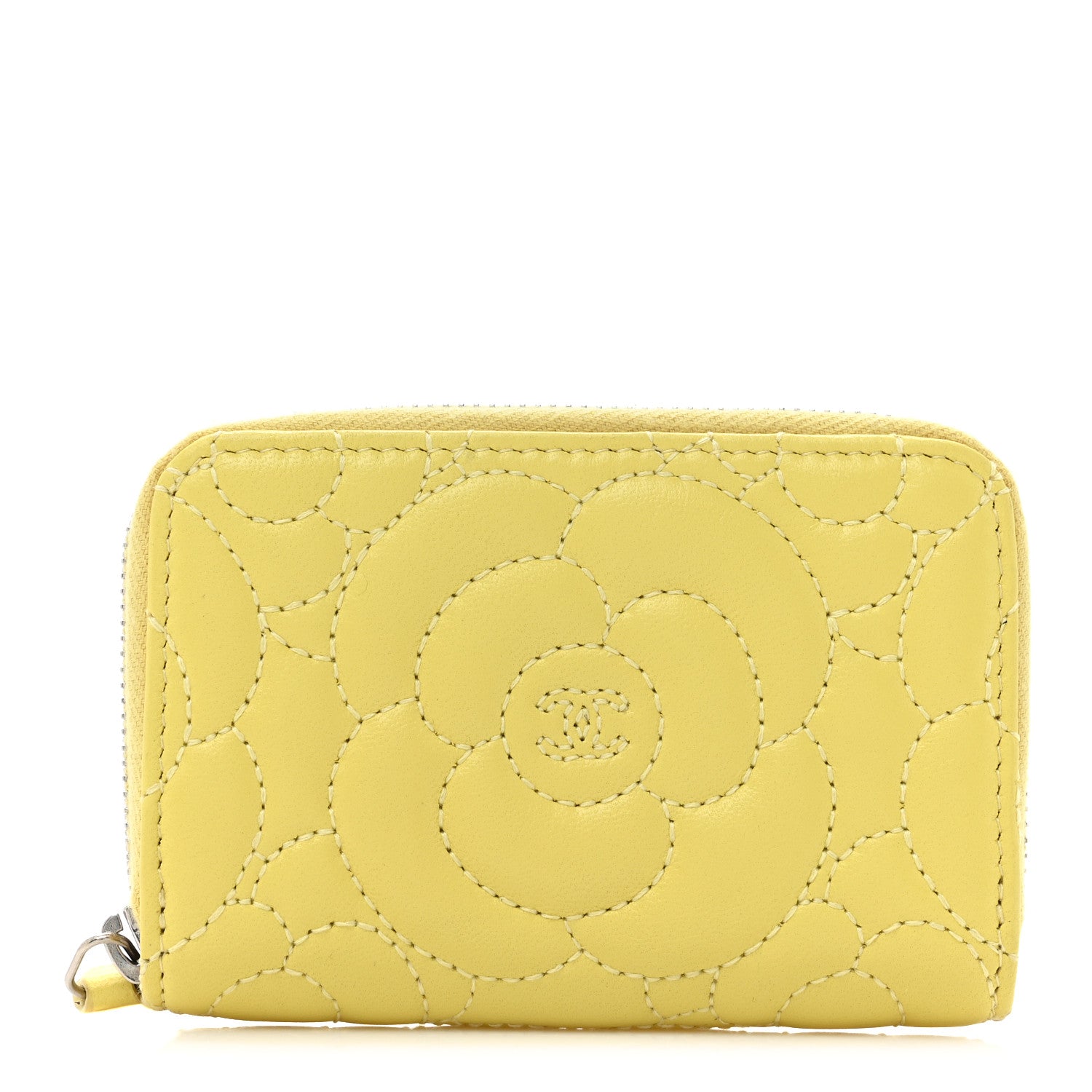Chanel Lambskin Camellia Embossed Zip Coin Purse Yellow 1 of 10