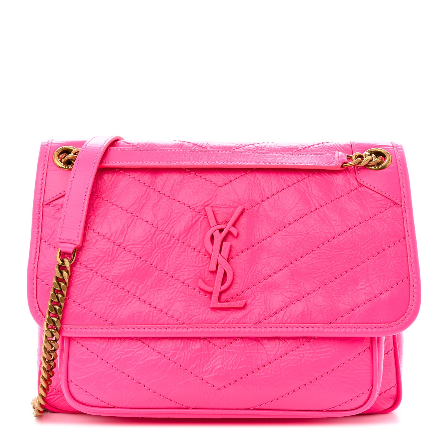 Crinkled Calfskin Matelasse Monogram Medium Niki Chain Satchel Rose Glow