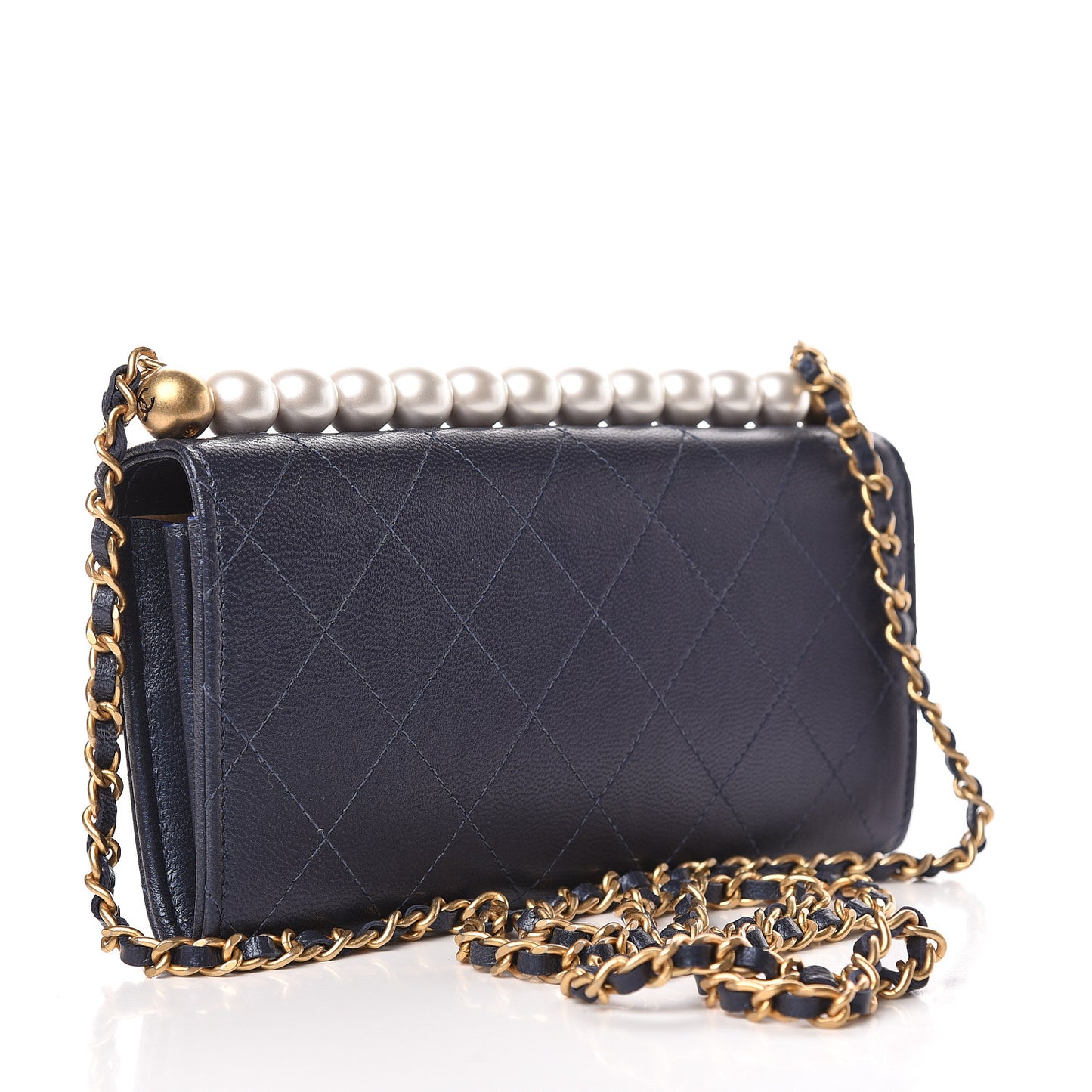 Iridescent Lambskin Quilted Chic Pearls Clutch With Chain Blue