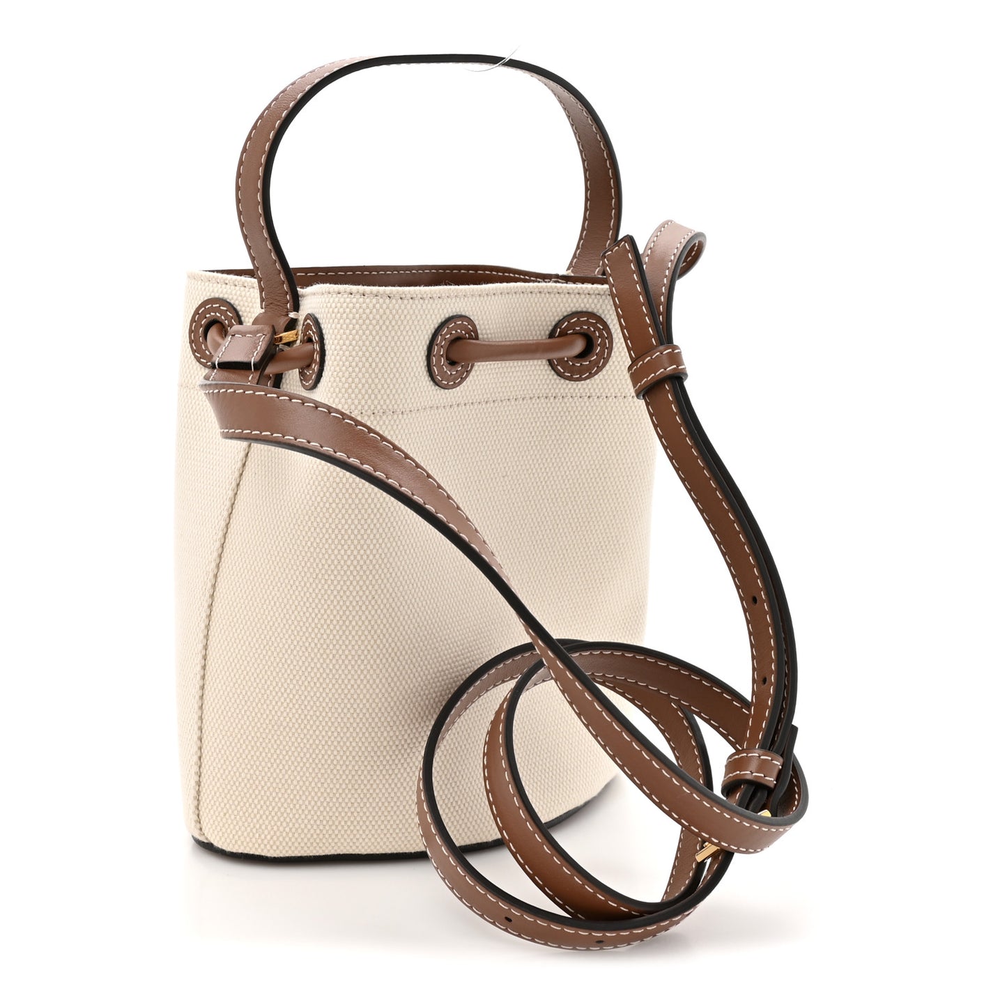 Canvas Calfskin Mini TB Drawstring Bucket Bag Natural Tan