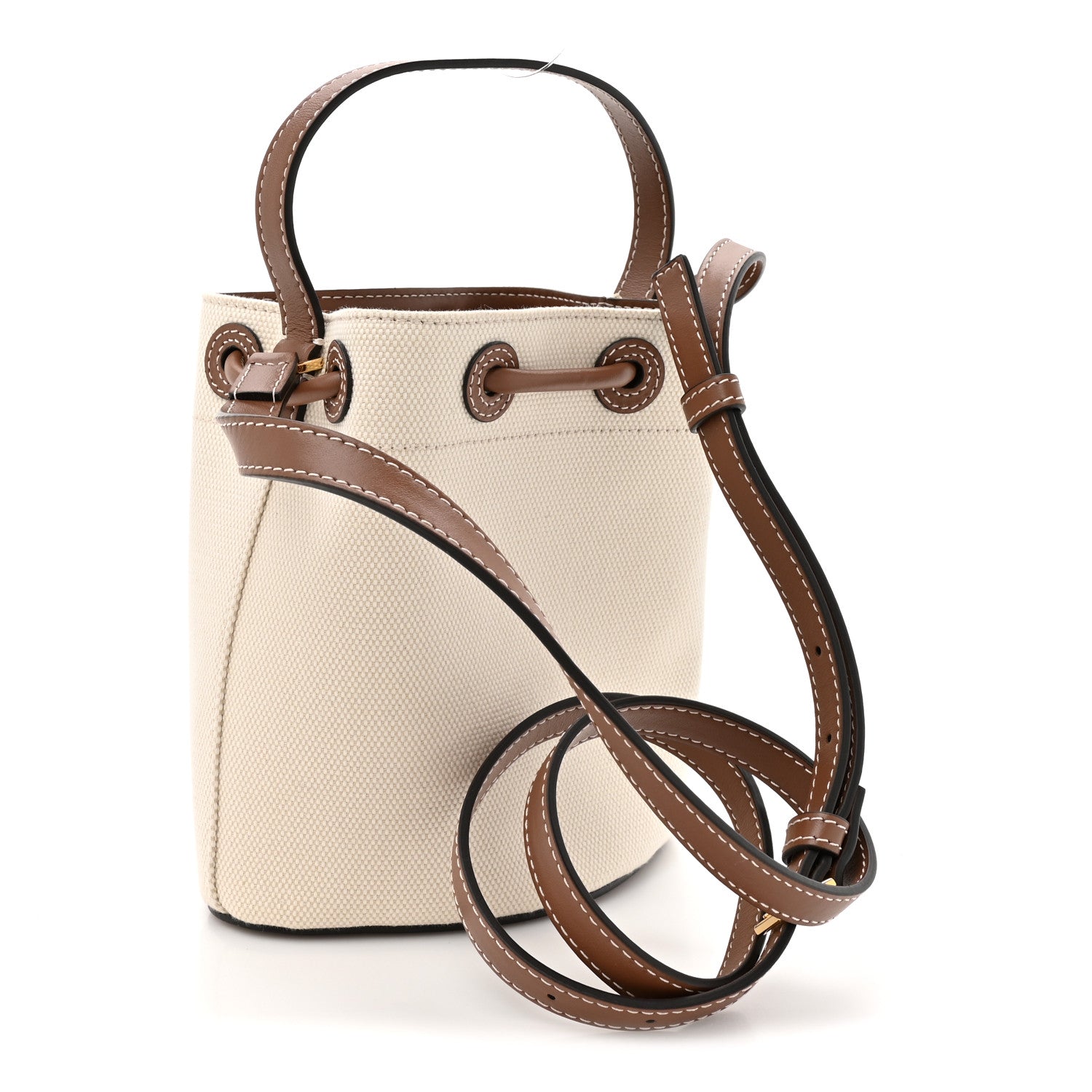 Burberry Canvas Calfskin Mini TB Drawstring Bucket Bag Natural Tan 3 of 10