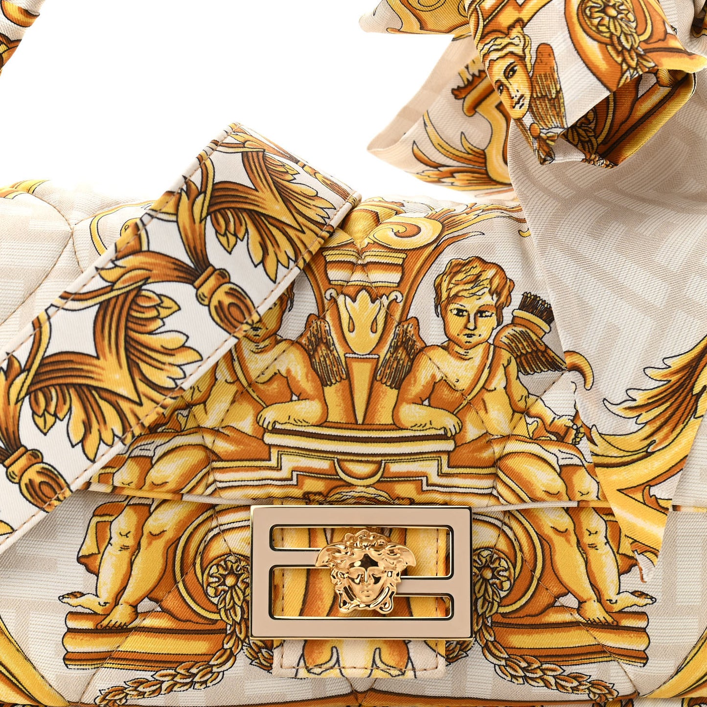 X VERSACE Silk Fendace FF Baroque Quilted Scarf Baguette White Gold