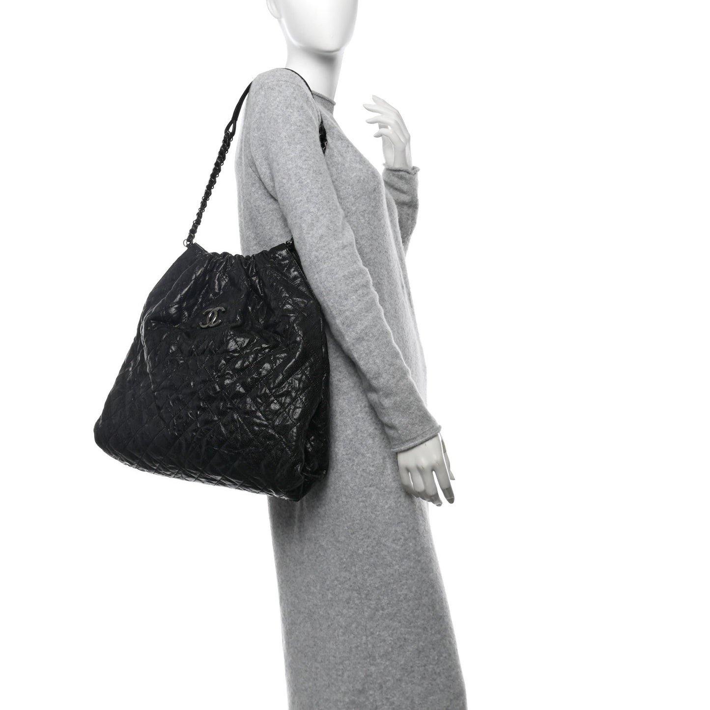 Distressed Glazed Caviar Quilted Large Elastic Tote Black