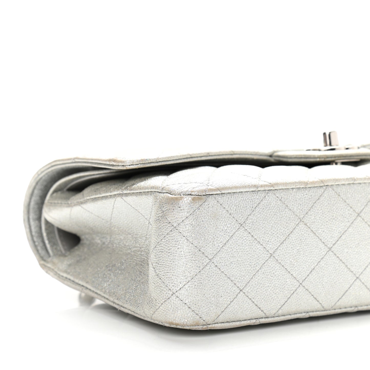 Glittered Metallic Caviar Quilted Medium Double Flap Silver