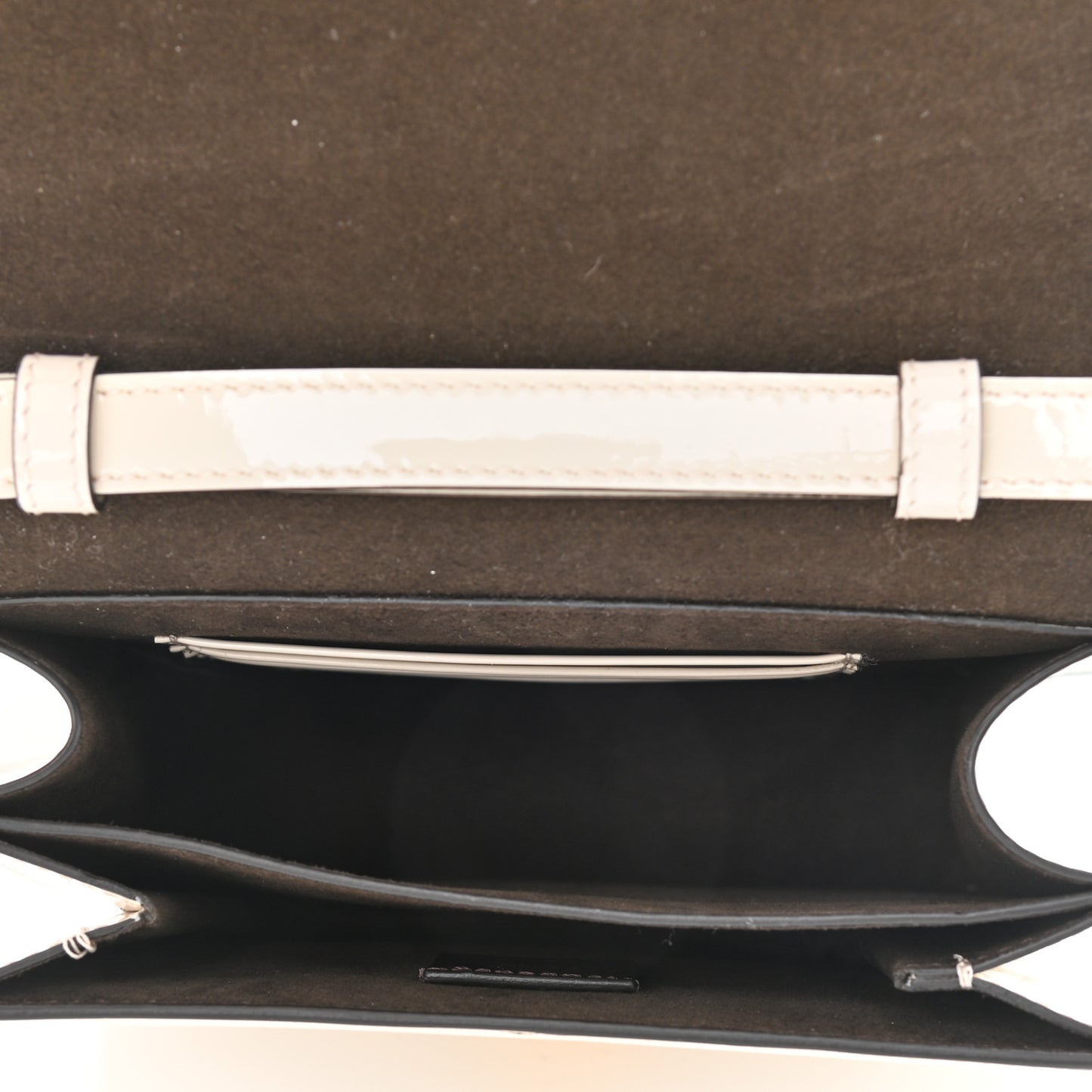 Vitello Vernice Mou Karligraphy Crossbody Bag Latte
