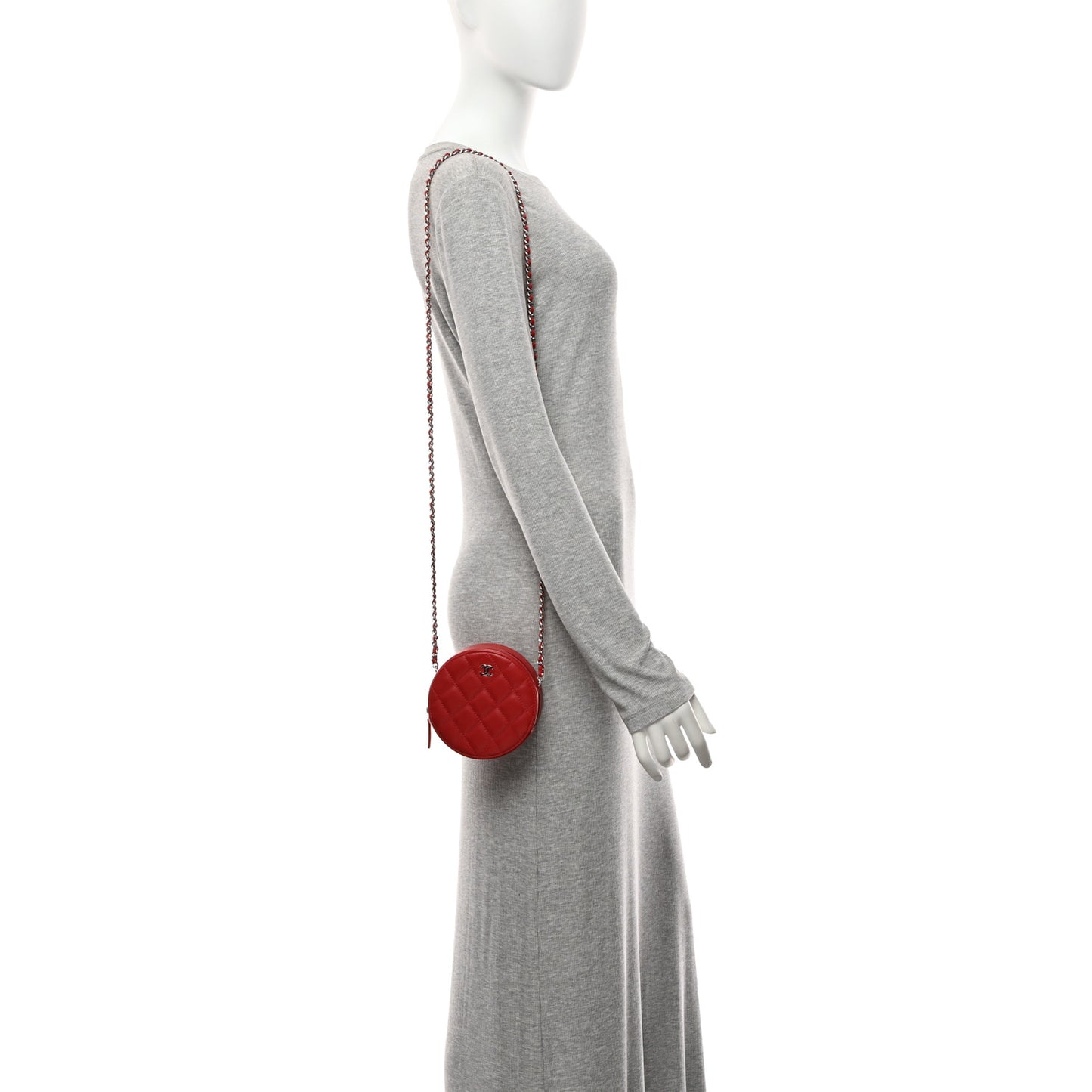 Lambskin Quilted Round Clutch With Chain Red