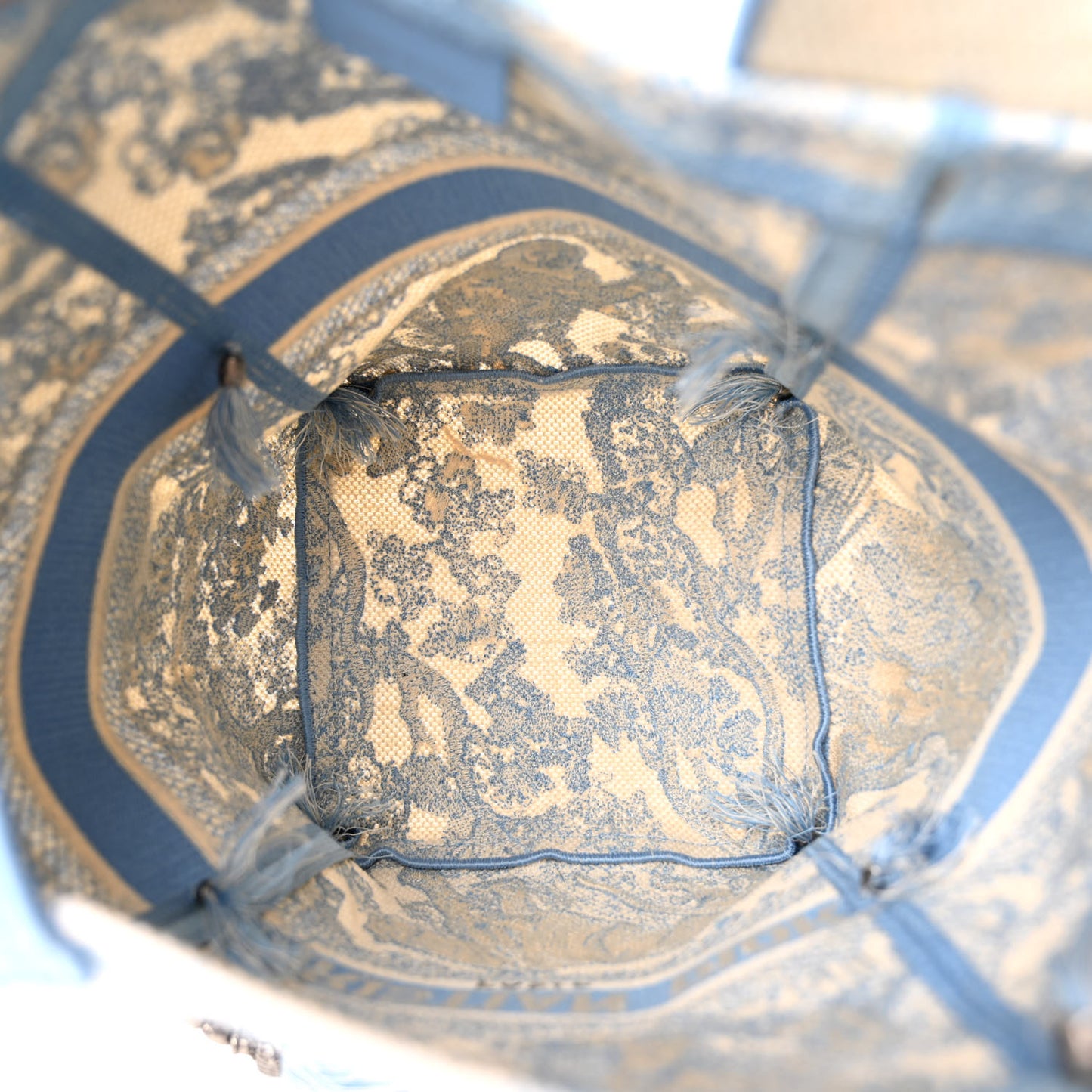 Canvas Reverse Embroidered Toile De Jouy D-Bubble Bucket Bag Blue