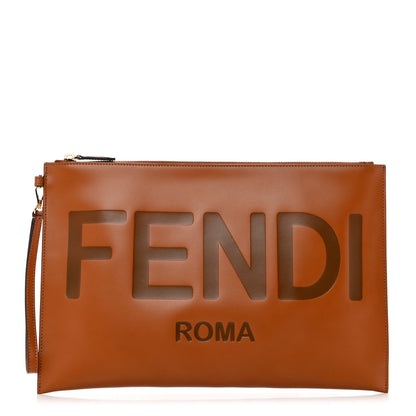 Fendi Vitello King Logo Embossed Large Flat Pouch Cuoio 1 of 7