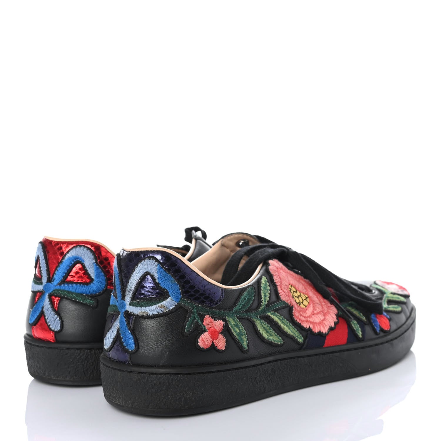 Gucci Calfskin Web Floral Embroidered Mens Ace Sneakers 8 Black 3 of 4