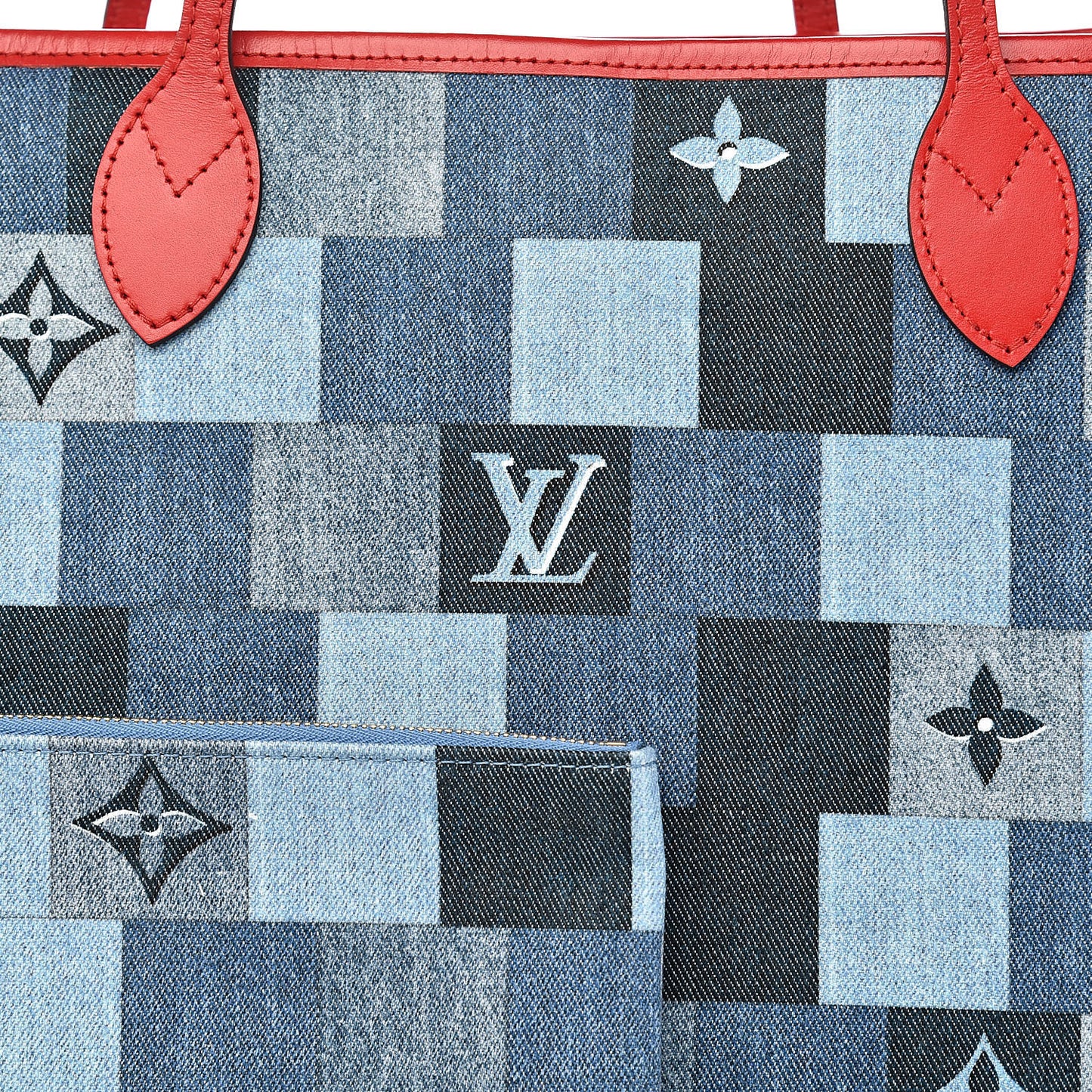 Denim Damier Monogram Patchwork Neverfull Blue Rouge