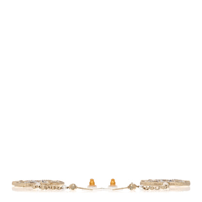 Chanel Pearl Crystal CC Tweed Drop Earrings Gold Brown Green 3 of 5