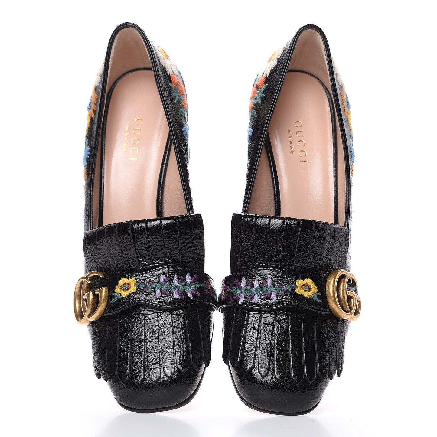 Skipper Calfskin Floral Embroidered GG Marmont Fringe 50mm Loafer Pumps 36.5 Black