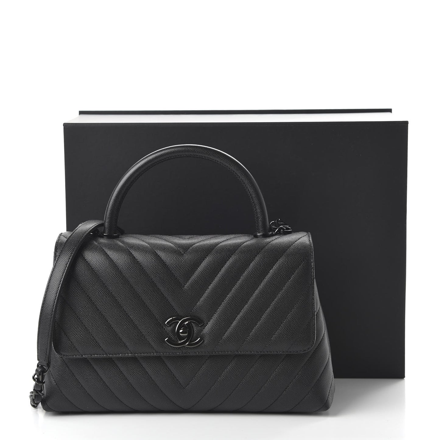 Caviar Chevron Quilted Small Coco Handle Flap So Black