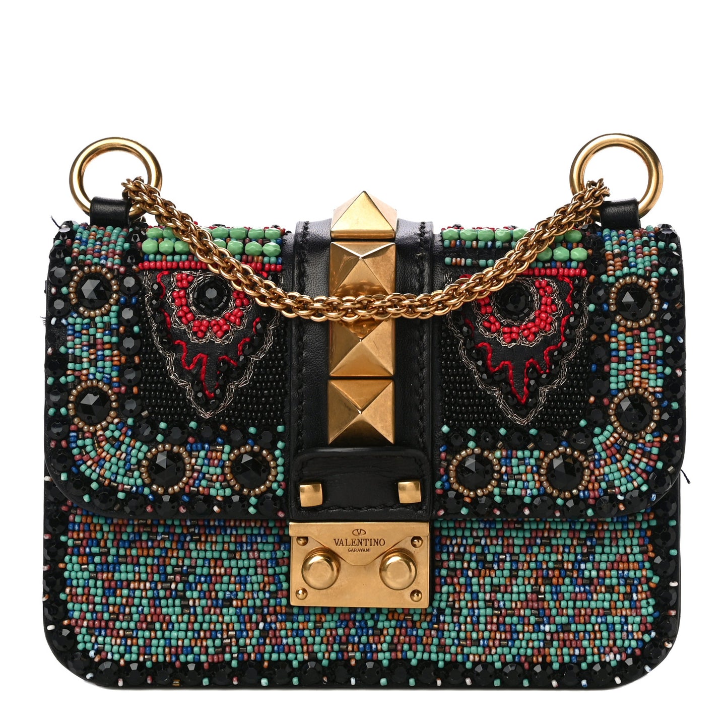Vitello Beaded Small Glam Lock Rockstud Flap Black