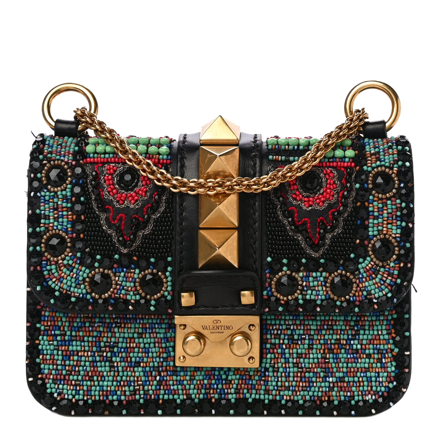 Valentino Garavani Vitello Beaded Small Glam Lock Rockstud Flap Black 1 of 13