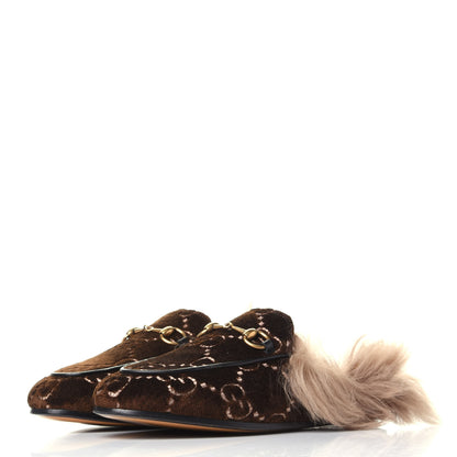 Gucci Velvet GG Monogram Fur Womens Princetown Slippers 35 Brown Black Natural 3 of 10