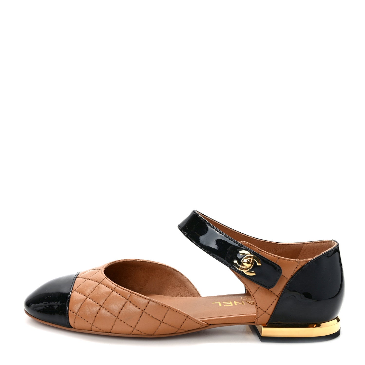 Chanel Patent Lambskin Quilted Cap Toe Ballerina Flats 38 Light Brown Black 1 of 8
