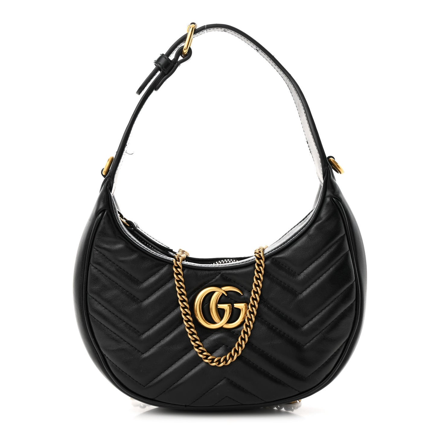 Calfskin Matelasse Chevron Mini GG Marmont Half Moon Hobo Black