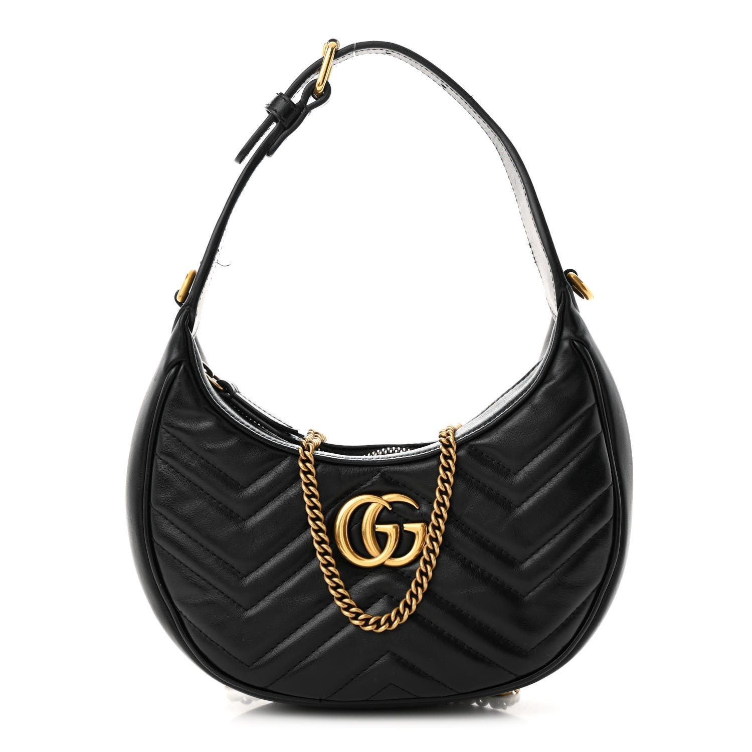 Gucci Calfskin Matelasse Chevron Mini GG Marmont Half Moon Hobo Black 1 of 12