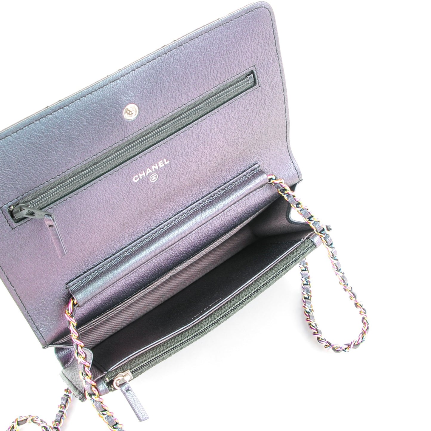 Iridescent Goatskin Quilted Wallet On Chain WOC Purple