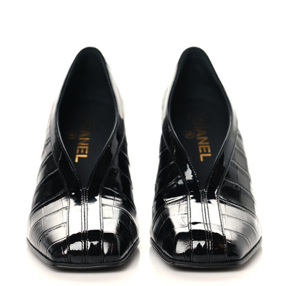 Chanel Crocodile Embossed Patent Calfskin Pumps 38.5 Black 5 of 20