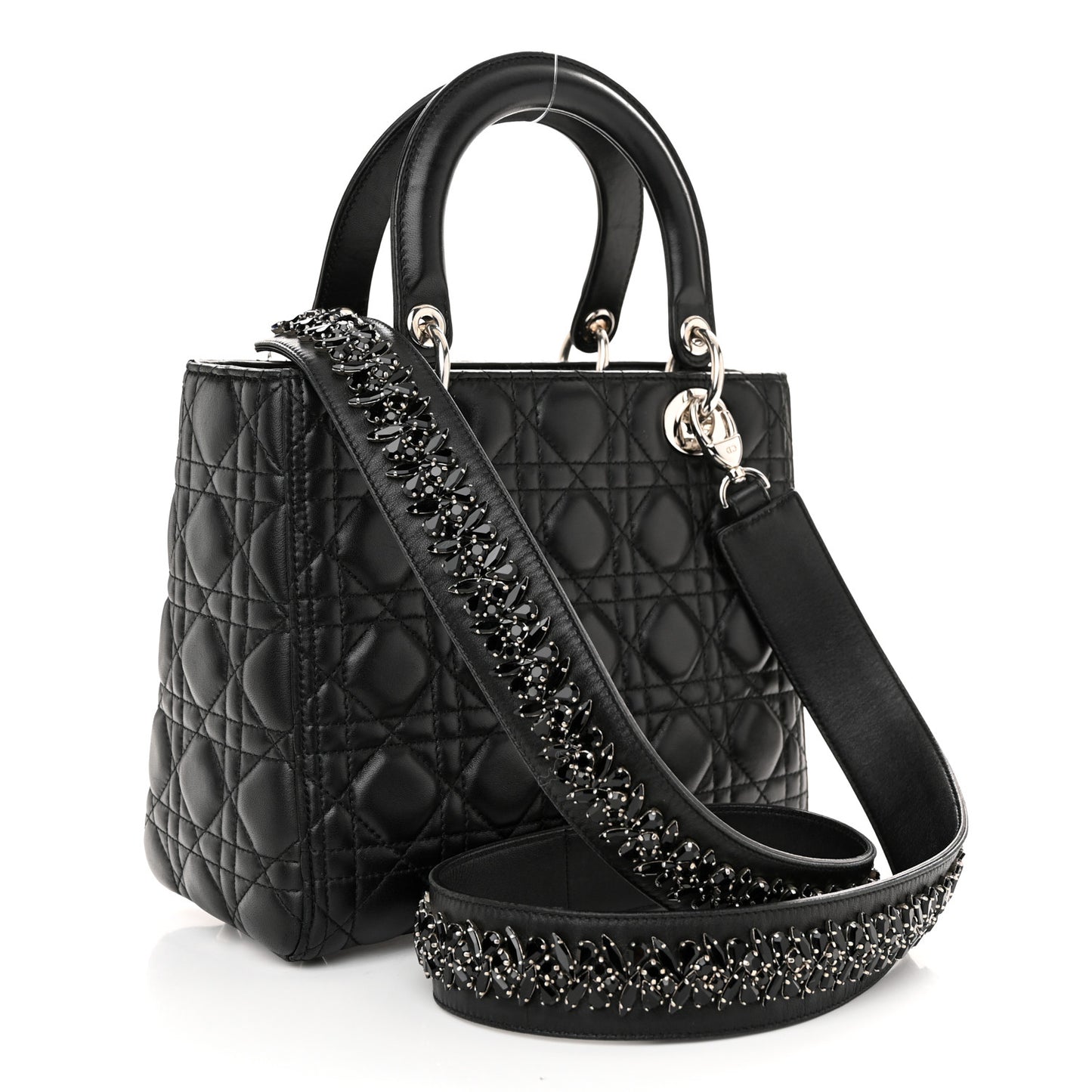 Lambskin Cannage Medium Lady Dior Crystal Strap Black