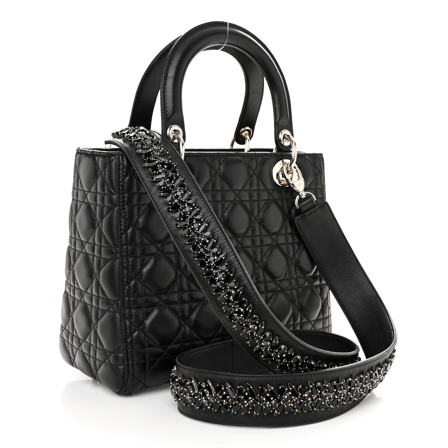 Christian Dior Lambskin Cannage Medium Lady Dior Crystal Strap Black 3 of 11