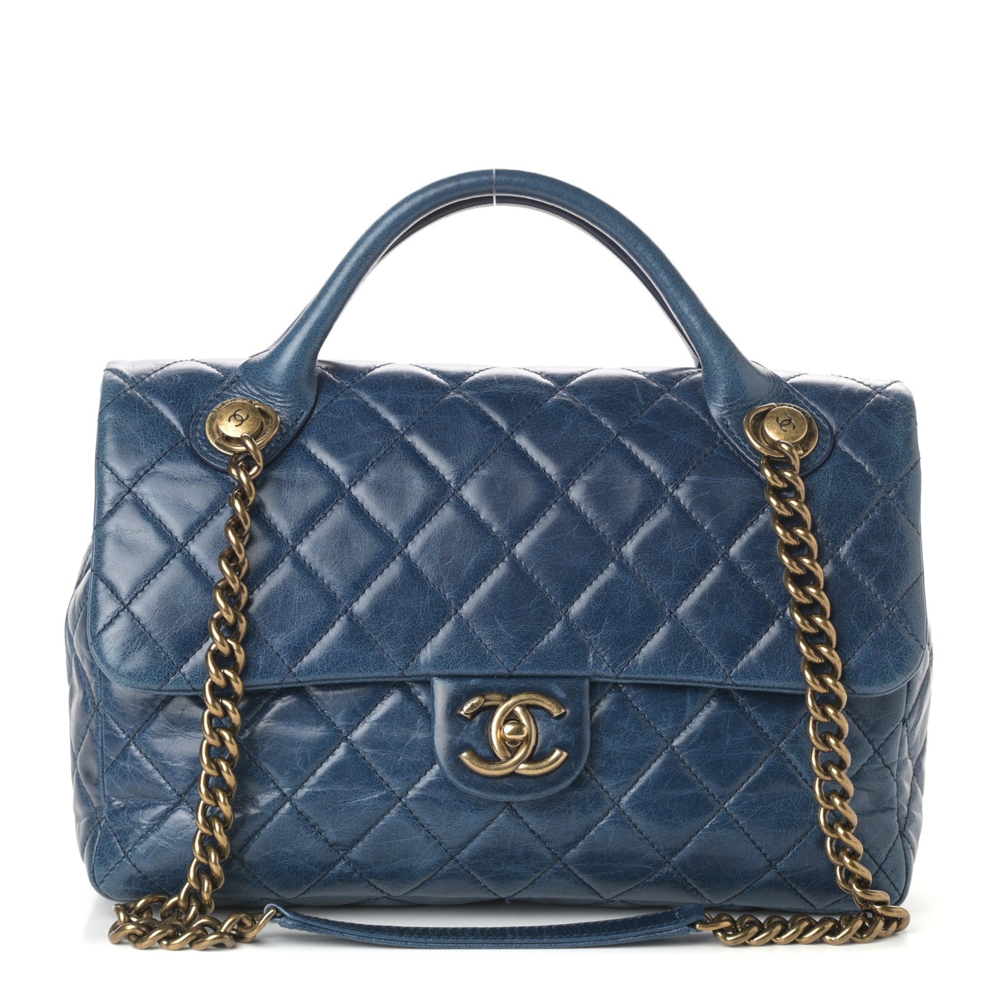 Glazed Calfskin Castle Rock Medium Flap Blue