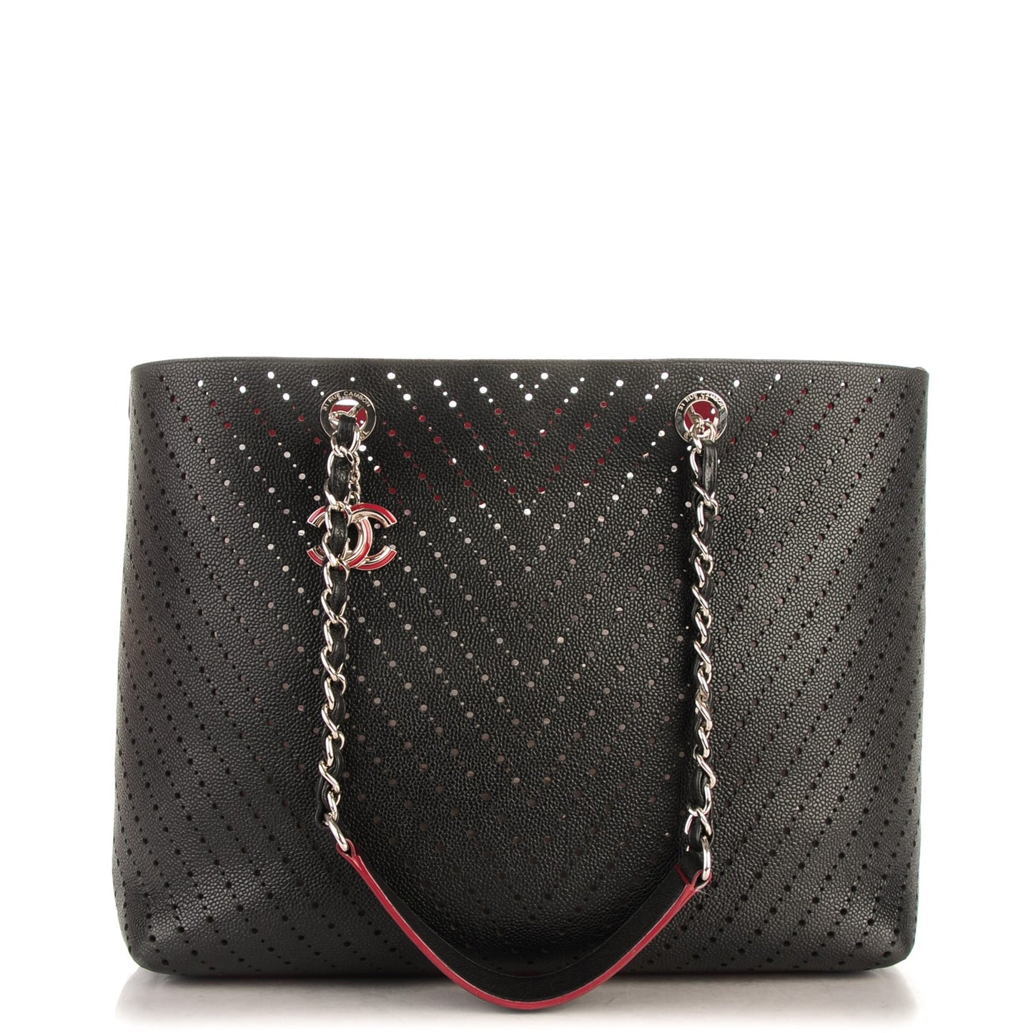 Perforated Grained Calfskin Large Shopping Tote Black