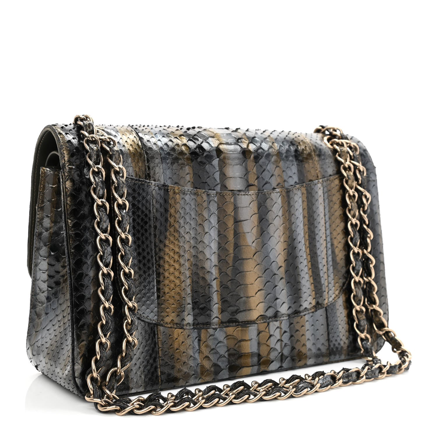 Chanel Metallic Snakeskin Jumbo Double Flap Black Gold Grey 3 of 12