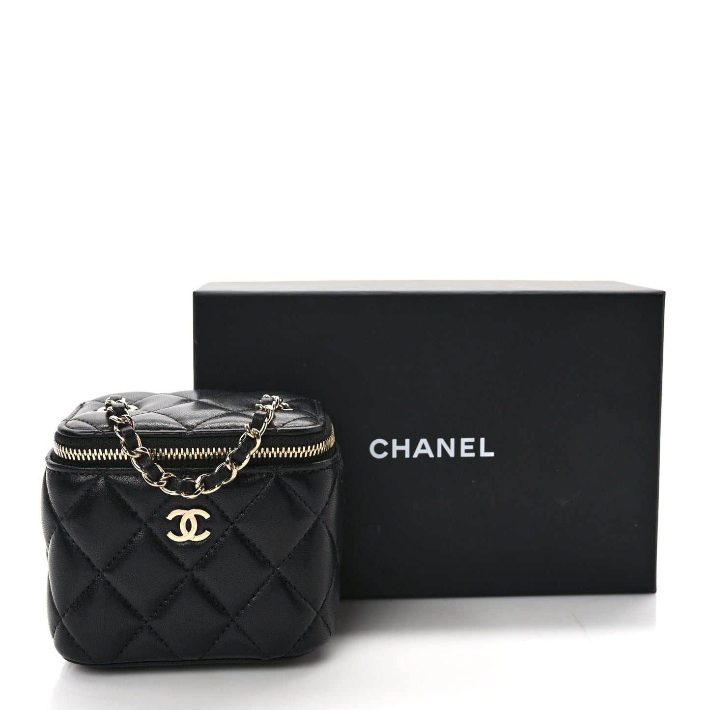 Lambskin Quilted Mini Vanity Case With Chain Black