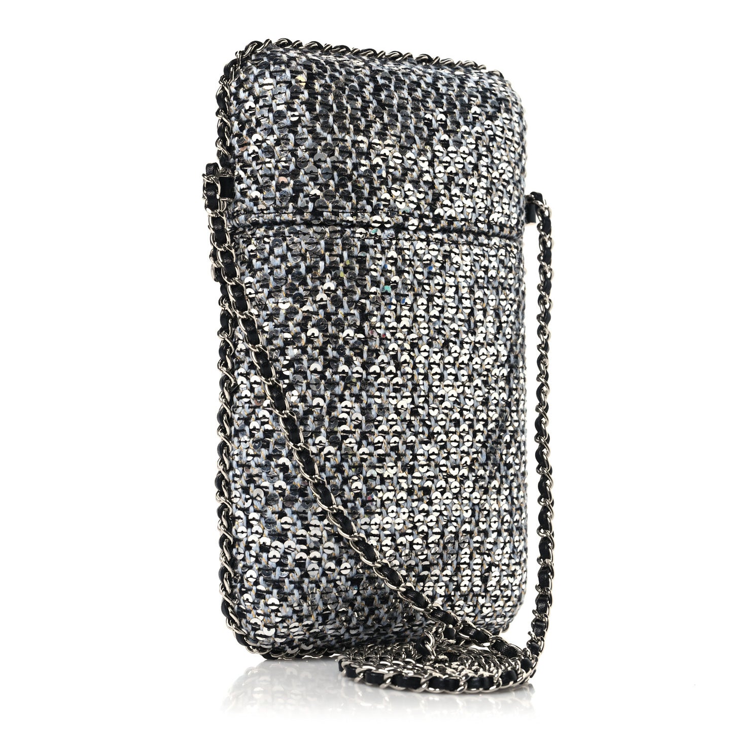 Tweed Sequin Chain Around Phone Holder Silver Black