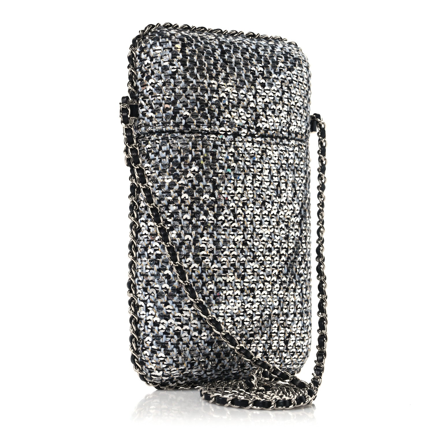 Chanel Tweed Sequin Chain Around Phone Holder Silver Black 3 of 10