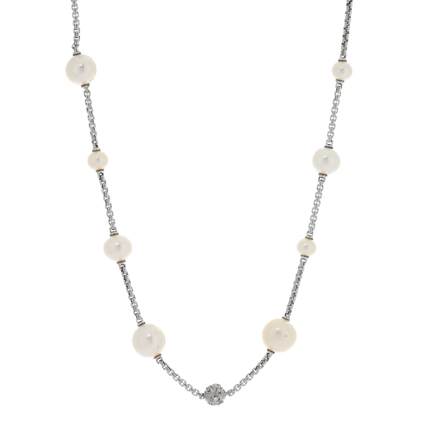 Sterling Silver Diamond Cultured Pearl Pave Station Necklace