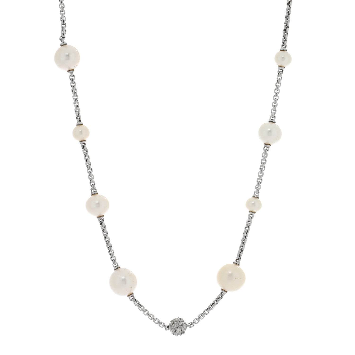 David Yurman Sterling Silver Diamond Cultured Pearl Pave Station Necklace 1 of 5
