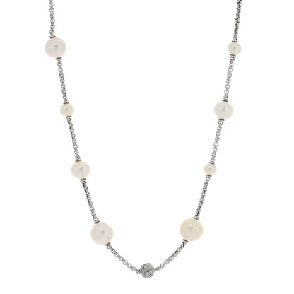 David Yurman Sterling Silver Diamond Cultured Pearl Pave Station Necklace 1 of 5